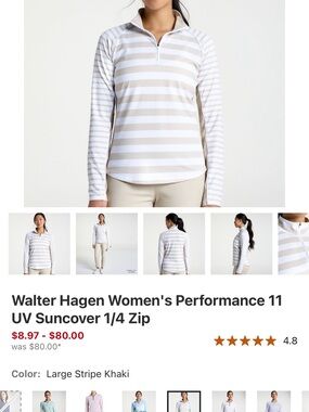 Walter Hagen Women's Khaki and White Striped 1/4 Zip Pullover